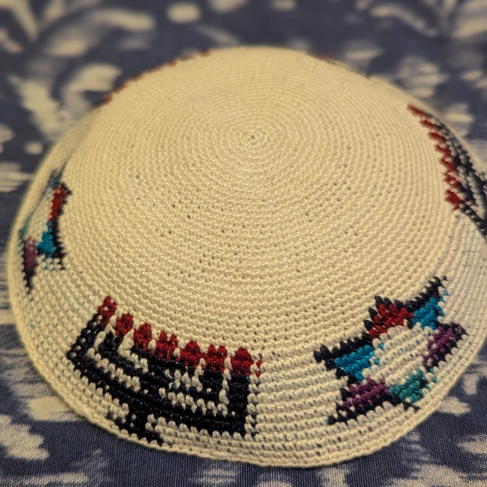 Hand Crafted White Kippah With Star Of David & Menorah. Made In Israel.